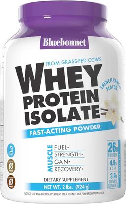 Bluebonnet Nutrition Grass Fed Whey Protein Isolate, 26g Protein, Sugar Free, Gluten Free & Soy Free, Kosher Dairy, 0.9kg (2 lbs), 28 Servings, French Vanilla Flavor