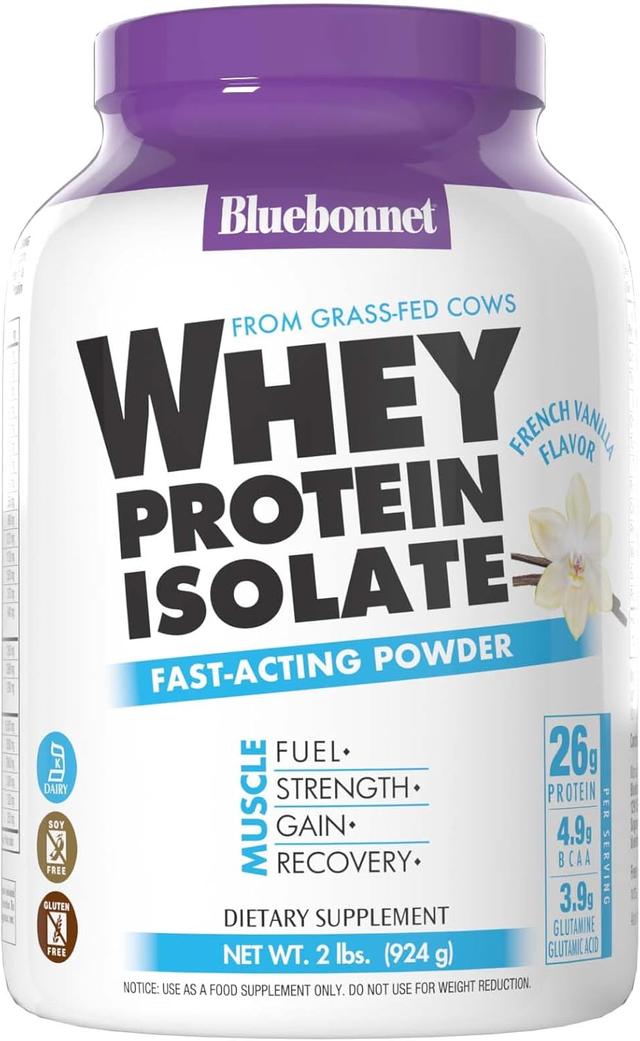 Bluebonnet Nutrition Grass Fed Whey Protein Isolate, 26g Protein, Sugar Free, Gluten Free & Soy Free, Kosher Dairy, 0.9kg (2 lbs), 28 Servings, French Vanilla Flavor product image