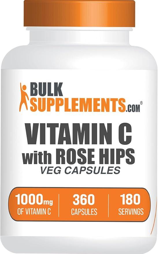BulkSupplements.com Vitamin C with Rose HIPS Capsules - Vitamin C 1000mg and Rose HIPS 15mg, Immune Support - Vegan, 2 Capsules per Serving, 360 Count (1 Pack) product image