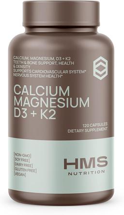 Calcium, Magnesium, Vitamin D3 + K2 for Bone Health, Immune Support, and Bone and Teeth Health. Unisex Calcium Supplement, Non-GMO, Gluten Free, 120 Capsules