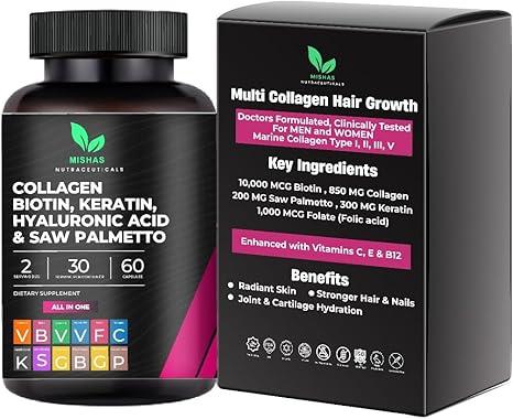 Multi Collagen Hair Pills - Biotin 10,000mcg, Keratin and Hyaluronic Acid - Hair Growth - Hair Skin and Nails - DHT Blocker, Saw Palmetto, Vitamin E, Folic Acid, Pumpkin Seed, MSM - Vegan Capsules 60 Count product image