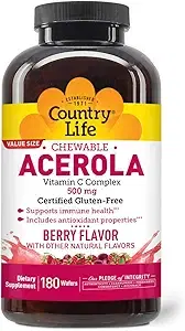 Country Life Acerola Vitamin C Complex, 500 mg, Chewable Berry Flavor Wafers, Immune Health Support, 180 Wafers, GFCO Gluten Free Certified, AVA Vegan Certified