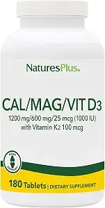 NaturesPlus Calcium/Magnesium/Vitamin D3 with Vitamin K2 - Supports Bone Health and Immune Health - Vegetarian, Gluten Free - 180 Tablets - 45 Servings