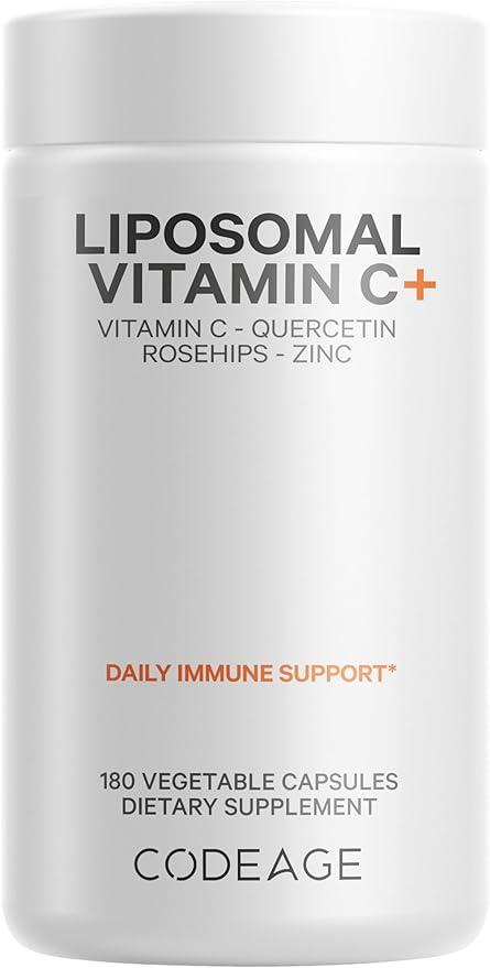 Codeage, Liposomal, Vitamin C 1500mg, Zinc, Elderberry, Citrus Bioflavonoids, Grapefruit, Lemon, Orange Powder, Quercetin & Rose Hip Fruit – Vegan Supplement - Non-GMO, Vegan Capsules, 180 Count product image