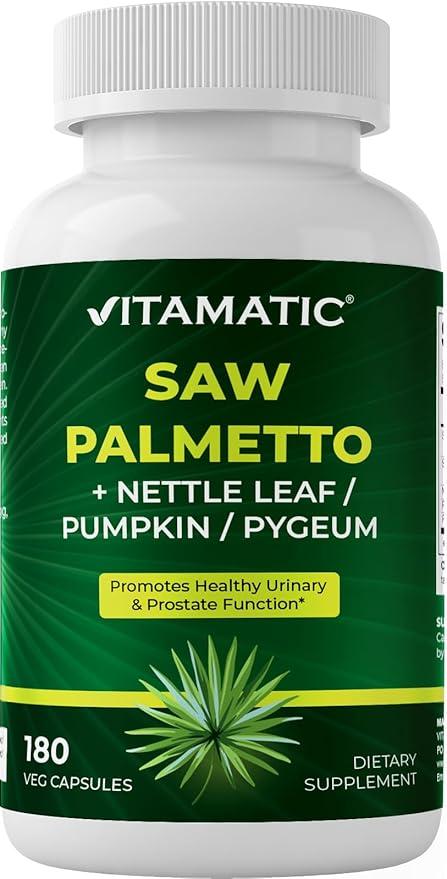 Vitamatic Saw Palmetto Extract 180 Vegetarian Capsules for Men and Women - Made with Pumpkin Seed, Pygeum, and Nettle Leaf - USA - Promotes Healthy Prostate Function product image