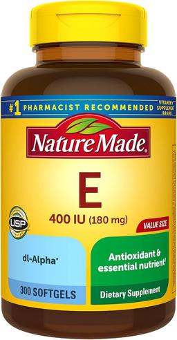 Nature Made Vitamin E 180mg (400 IU) dl-Alpha, Dietary Supplement for Antioxidant Support, 300 Softgels, 300-Day Supply
