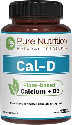 Pure Nutrition Cal D - Plant-Based Calcium with Vitamin D3, K2, Magnesium | 120 Tablets | 500mg Vegan Calcium per Serving | Algae Calcium Supplement for Bone Health