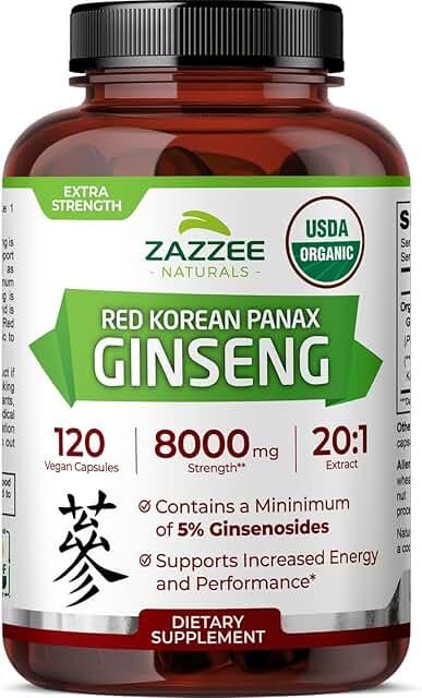Zazzee USDA Organic Red Korean Ginseng 20:1 Extract, 8000mg Strength, 5% Ginsenosides, 120 Vegan Capsules, Standardized and Concentrated Root Extract, 100% Vegetarian, Natural Ingredients, Non-GMO product image