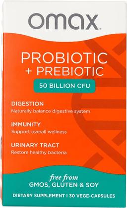 Omax Prebiotic & Probiotic 50 Billion CFU + Chicory Inulin, 10 Strains, Reduce Bloating, Digestion, SIBO, Leaky Gut, Vaginal pH, Acidophilus, Vegan, Dairy Free, Gluten Free, Blister Packaged