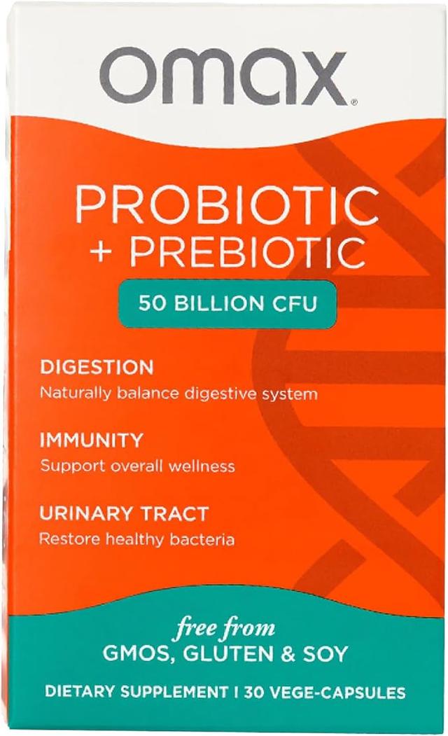 Omax Prebiotic & Probiotic 50 Billion CFU + Chicory Inulin, 10 Strains, Reduce Bloating, Digestion, SIBO, Leaky Gut, Vaginal pH, Acidophilus, Vegan, Dairy Free, Gluten Free, Blister Packaged product image