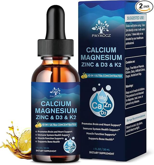 (2-Pack) Vitamin C, D3, K2, Glycinate Magnesium, Vegan Liquid Drops, L-Theanine, Boron, Sea Moss Extract, 10 in 1 Magnesium Calcium Zinc Supplement for Immune Support, Bone, Sleep and Leg Cramp Relief, 1 fl oz product image