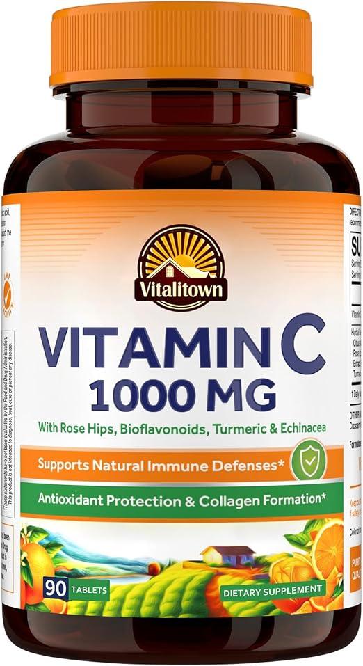 Vitalitown Vitamin C Complex, 1000mg, Rose HIPS, Bioflavonoids, Turmeric and Echinacea, Daily Immune Support, Collagen Booster and Powerful Antioxidant, Vegan, 90 Tablets product image