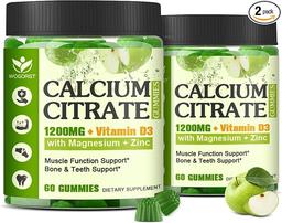 Calcium Citrate 1200mg with Vitamin D3 Supplement Gummies for Women and Men - Chewable Calcium, Magnesium, Zinc D3, K2 Supplement for Bone, Teeth, and Immune Support, Apple Flavor - 60 Gummies (2 Pack)