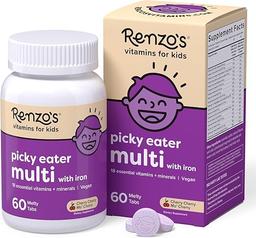 Renzo's Picky Eater Kids Multivitamin with Iron, Dissolving Kids Vitamins with Vitamin D3 & K2 and More, 60 Sugar-Free Melty Tabs, Cherry Mo' Cherry Flavored