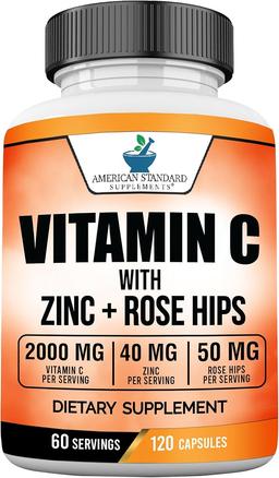 American Standard Supplement Vitamin C 2000mg, Zinc 40mg and Rose Hip 50mg per Serving – Vegan, Gluten Free, Non-GMO (120 Count)