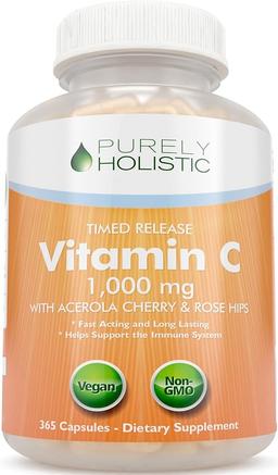 Pureman Holistic Vitamin C, 1000mg, Capsules 365 Count, 12-Month Supply, Ascorbic Acid, Rosehip & Acerola Cherry, Bioflavonoids, Immune System Support, Vegan 2-Stage Timed Release