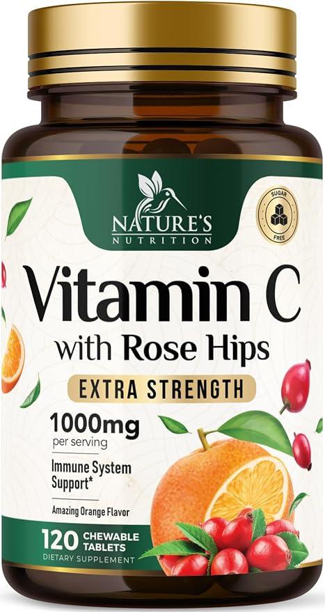 Vitamin C Chewable, 1000mg - Vitamin C & Rose HIPS Extra Strength Antioxidant for Powerful Immune Support - Potent Diet VIT C Chew Supplement, Natural, Vegan, Gluten Free, Non-GMO - 120 Tablets product image