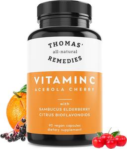 Thomas' All-Natural Remedies Organic Elderberry Vitamin C with Organic Citrus Bioflavonoids - Natural Dietary Supplement - Non-GMO - Raw Vegan - 90 Capsules