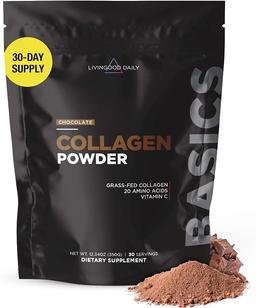 Livingood Daily Chocolate Collagen Powder for Women and Men, Hydrolyzed Collagen Peptides Powder with Vitamin C, Protein with 20 Amino Acids, Type I and III, Grass-Fed, Keto, Paleo, Gluten-Free, 30 Servings