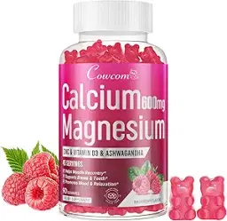 Calcium, Magnesium, Zinc Gummies & Vitamin D3, B6, B12, Immune Support and Bone Health Support, Calcium Magnesium Supplement for Women and Men, Sugar-Free Vegan Raspberry Flavor, 90 Count