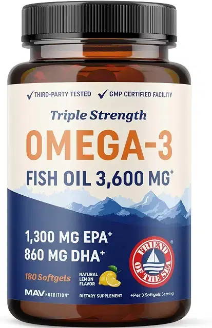Triple Strength Omega 3 Fish Oil 3600mg | EPA and DHA | Over 2100mg Omega-3 Fatty Acids | 1300mg EPA + 860mg DHA | Premium Essential Fatty Acids | Premium Wild-Caught and Trimless Fish Oil | 180 Count product image