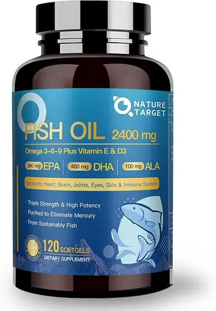 NATURE TARGET Triple Omega 3 6 9, Fish Oil 2400mg Softgels with Vitamin D3 and E - EPA and DHA and ALA - Supports Heart, Brain, Joint and Immune Health, Sustainably Sourced, Non-GMO product image