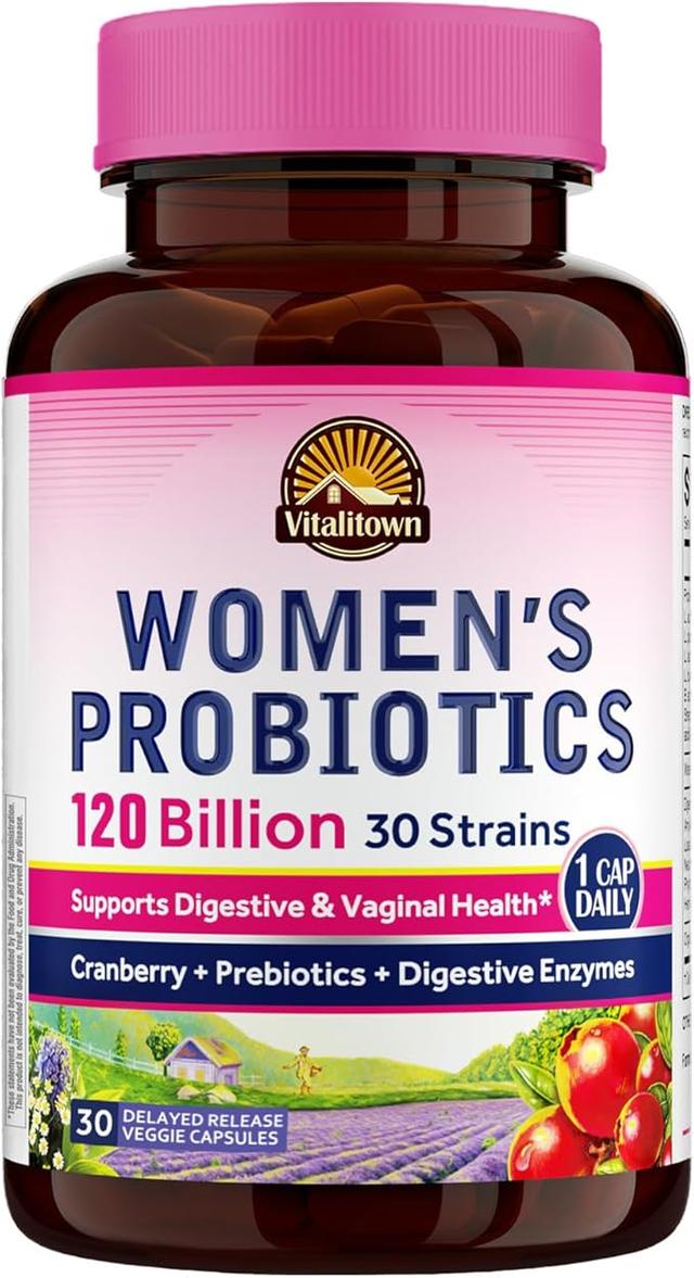 Vitalitown Probiotics for Women 120 Billion CFUs, 30 Strains, with Prebiotics & Digestive Enzymes & Cranberry, Gut & Vaginal Health, Vegan 30 Delayed Release Caps product image