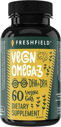 Freshfield Vegan Omega 3 DHA: Algae Oil, Most Reviewed, Carrageenan Free, Sustainably Sourced, Third Party Tested, Heavy Metal Free, Fish Oil Alternative, Plant-Based Omega with DPA for Heart, Brain, and Joint Health Support