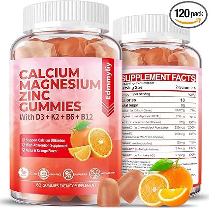 Sugar-Free Calcium Magnesium Zinc Supplement Gummies with Vitamin D3 and B12, High-Absorption Calcium Magnesium Supplement for Women and Men for Bone and Tooth Strength, Muscle and Immune Support (120 Count) product image