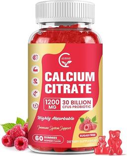 Calcium Citrate Gummies with Vitamin D3, K2, Magnesium, Zinc, 1200mg Calcium, High-Absorption Calcium Supplement for Bone, Muscle, Immune Support for Women and Men, Raspberry Flavor, 60 Chewables
