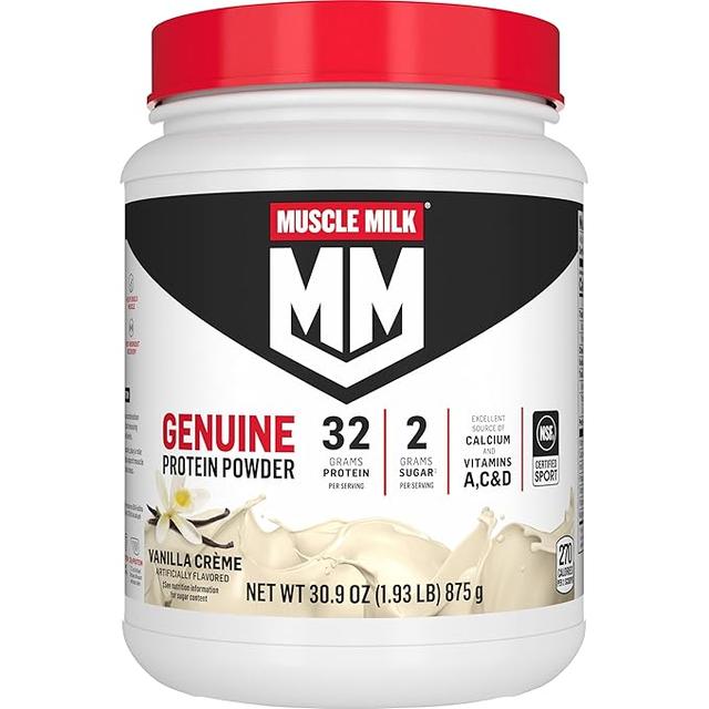 Muscle Milk Genuine Protein Powder, Vanilla Cream, 0.9kg (2 lb), 12 Servings, 32g Protein, 2g Sugar, Calcium, Vitamins A, C & D, NSF Certified, Sports Energizing Snack, Packaging May Vary product image