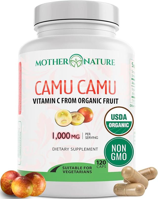 Camu Camu Organic Vitamin C Capsules 1,000mg, Natural VIT C, Raw Antioxidant - Immune Support Supplement for Skin & Anti-Aging - Powder Organic, Vegan, Non-GMO (120 Count)