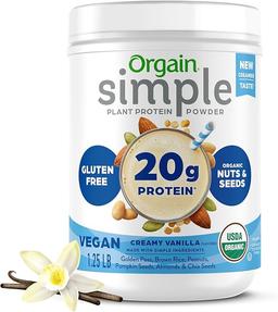 Orgain Organic Simple Vegan Protein Powder, Vanilla - Plant-Based Protein 20g, Made with Fewer Ingredients, No Stevia or Artificial Sweeteners, Gluten Free, Dairy Free, Soy Free - 0.6kg (1.3 lbs)