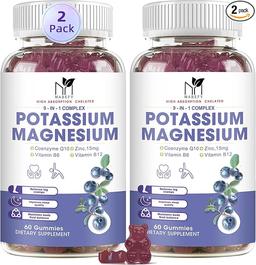 2-Pack Potassium Magnesium Gummies, Sugar-Free Potassium Gummies with Magnesium Glycinate 500mg, Chewable Magnesium Potassium Supplement with Calcium, Zinc, Vitamins, for Leg Cramps and Muscle Pain Relief
