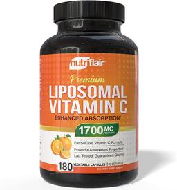 NutriFlair Liposomal Vitamin C 1700mg, 180 Capsules – High Absorption, Fat-Soluble Vitamin C, High Bioavailability, Immune System Support and Collagen Booster, Non-GMO, Vegan