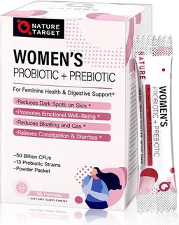 NATURE TARGET Probiotics for Women Probiotic Powder Supplement - Prebiotics and Probiotics for Digestive Health and Immune Support, 30 Individual Stick Bags