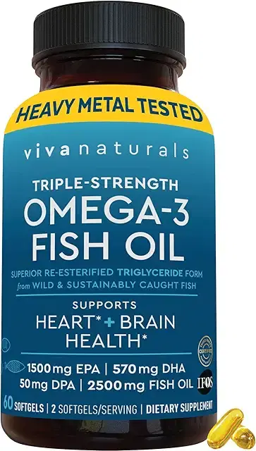 Viva Naturals Triple Strength Omega 3 Fish Oil Supplement - EPA, DHA, DPA Reesterified Omega 3 Fatty Acids Fish Oil 2500mg - Pescatarian-Friendly Softgels 60 Count product image