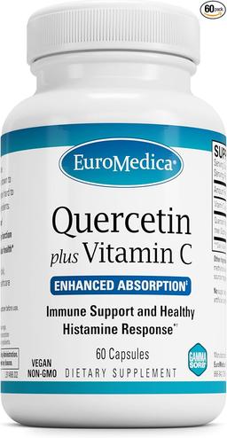 EuroMedica Quercetin Plus Vitamin C - Supports Healthy Histamine Response and Respiratory Health - Dietary Supplement for Immune Function Support and Cellular Health - 60 Capsules (60 Servings)
