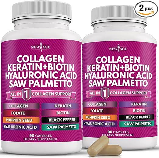 NEW AGE Collagen Pills with Biotin, Keratin, Saw Palmetto, and Hyaluronic Acid - Hair, Skin and Nail Vitamin and DHT Blocker, Contains Vitamin E, Folic Acid, Pumpkin Seed, and MSM - 180 Count product image