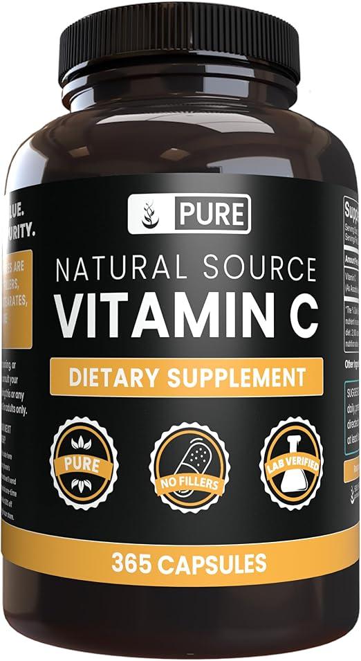 Pure Original Ingredient Vitamin C (365 Capsules) No Stearate or Rice Filler, Gluten Free, Additive-Free Vitamin C