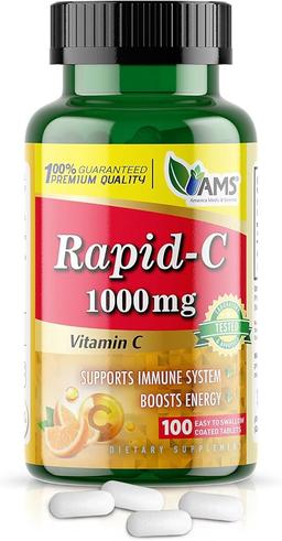 America Medic & Science Rapid-C 1000mg Vitamin C Supplement (100 tablets 1 pack), Energy Booster, Daily Immune System Support, Antioxidant | Vegan, Non-GMO Coated Ascorbic Acid, for Adult Men and Women