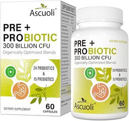 Ascuoli Probiotics for Women & Men - 300 Billion CFU, 24 Strains Probiotics + 15 Organic Herbs Blend, Daily Probiotic for Digestive Health, Immune, Gut, Bloating - 60 Capsule
