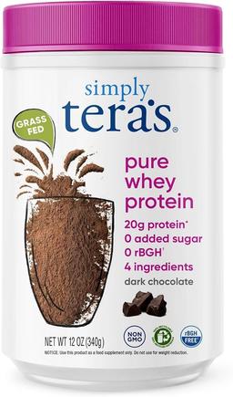 Simply Tera's Pure Whey Protein Powder - Dark Chocolate Clean Protein Powder, Grass-Fed Whey Protein Powder, No Artificial Sweeteners, Clean Label, GMO-Free, Kosher, rBGH-Free - 355ml (12oz)