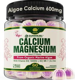 Plant-Based Calcium Gummy 600mg (with Vitamin D3, K2, Magnesium, Zinc) - Bone Strength, Sugar-Free Calcium Supplement for Women and Men (Vegan Certified) - Sustainably Sourced Organic Red Algae - 60 Count