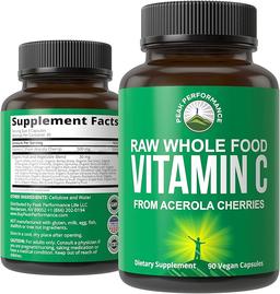 Peak Performance Raw Natural Vitamin C from Acerola Cherry for Maximum Absorption Capsules. Vegan USA Supply, Vitamin C Supplement 90 Capsules. 500mg per Serving or 1000mg per 2 Servings