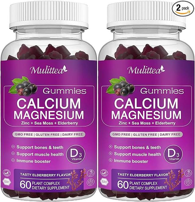 High-Absorption Calcium, Magnesium, Zinc Gummy with Magnesium Glycinate 200mg, Potassium - Plant-Based Calcium Supplement with Vitamin D3 and Sea Moss for Bone, Muscle, Mood, and Sleep Support - Children and Adults (2-Pack) product image