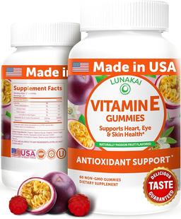 Lunakai Vitamin E Gummies 400IU with Vitamin C - Delicious Vegan, GMO-Free Supplement, 60 Count for Daily Skin and Eye Support