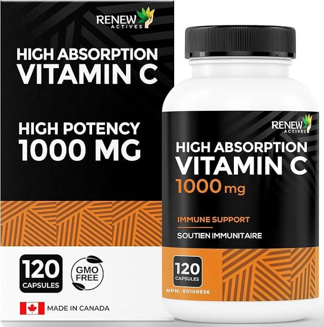 RENEW ACTIVES: Maximum Strength Vitamin C, 1000MG per Serving – Antioxidant and Immune Support for Overall Health, Bones, Teeth and Gums – Non-GMO, Sugar-Free, 4-Month Supply – Made in Canada – 120 Capsules product image