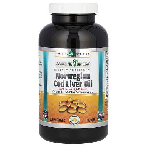 Amazing Nutrition Amazing Omega Norwegian Cod Liver Oil Lemon 1 000 Mg 250 Softgels