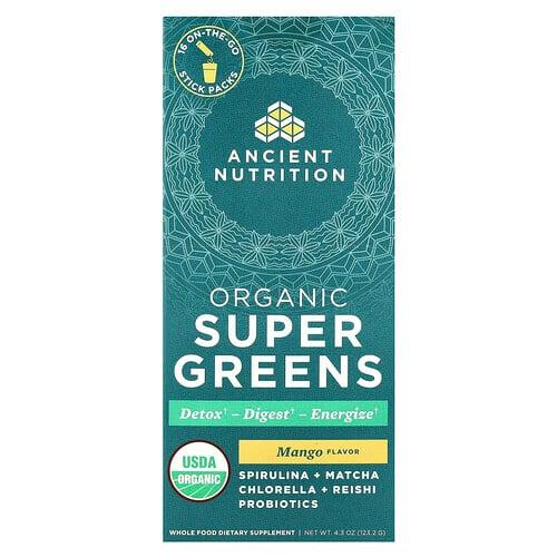 Ancient Nutrition Organic Super Greens Mango 16 On The Go Stick Packs 0 3 Oz 7 7 G Each